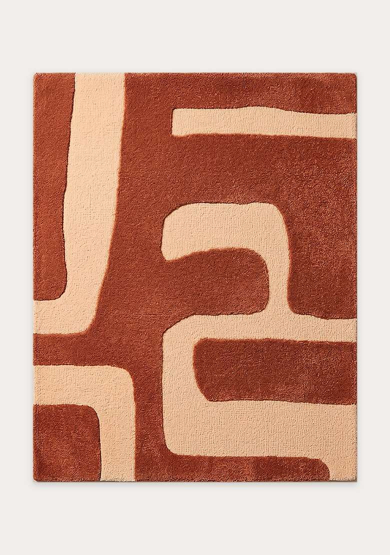 100% Wool Handmade Terracotta Orange Rug | Mid Century Modern Geometric Square Carpet With Cotton Backing For Living Room - Indya