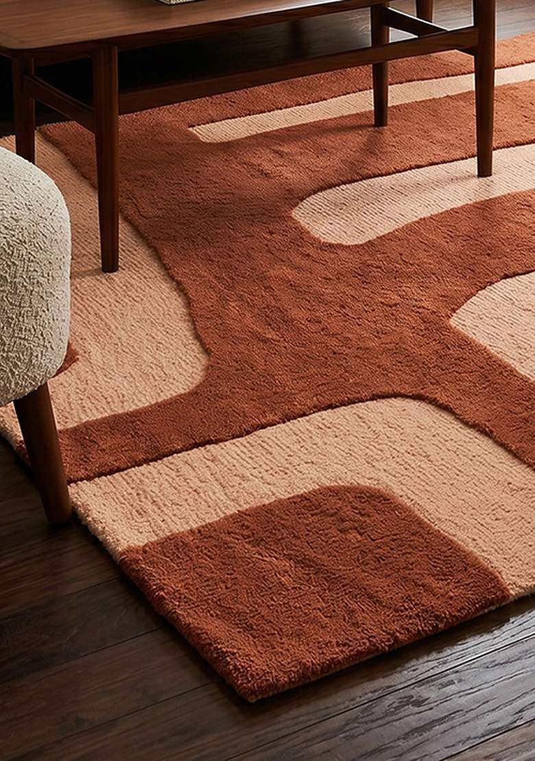 100% Wool Handmade Terracotta Orange Rug | Mid Century Modern Geometric Square Carpet With Cotton Backing For Living Room - Indya