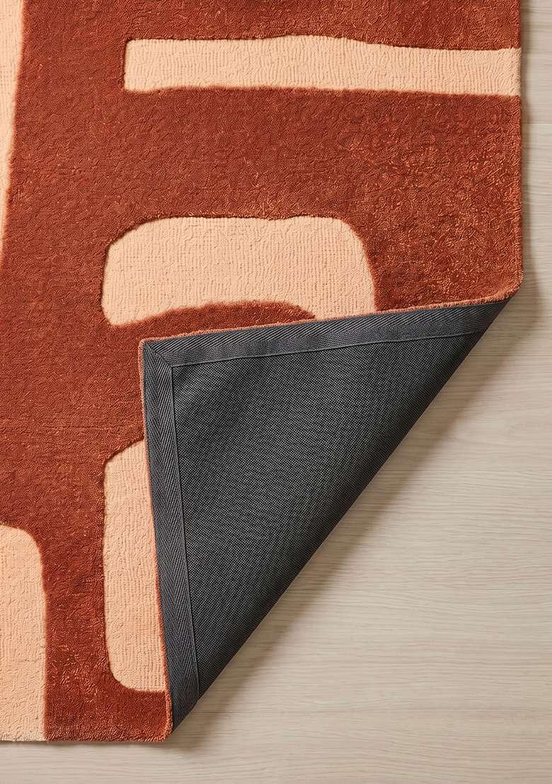100% Wool Handmade Terracotta Orange Rug | Mid Century Modern Geometric Square Carpet With Cotton Backing For Living Room - Indya