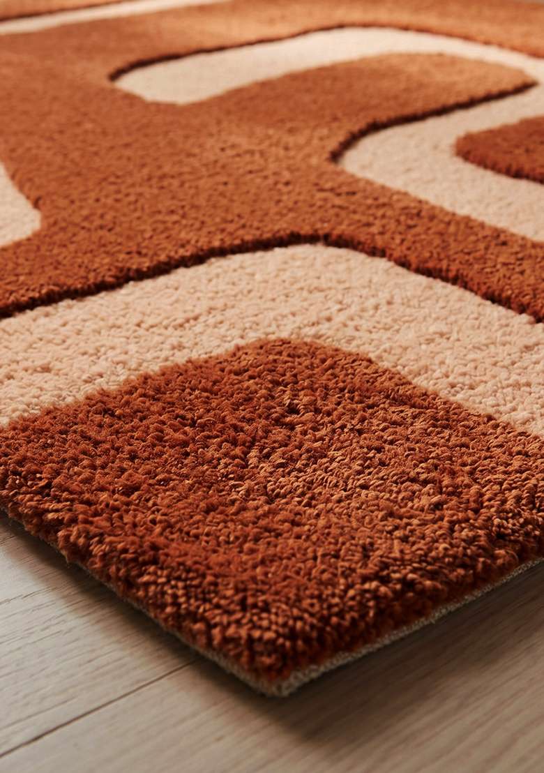 100% Wool Handmade Terracotta Orange Rug | Mid Century Modern Geometric Square Carpet With Cotton Backing For Living Room - Indya