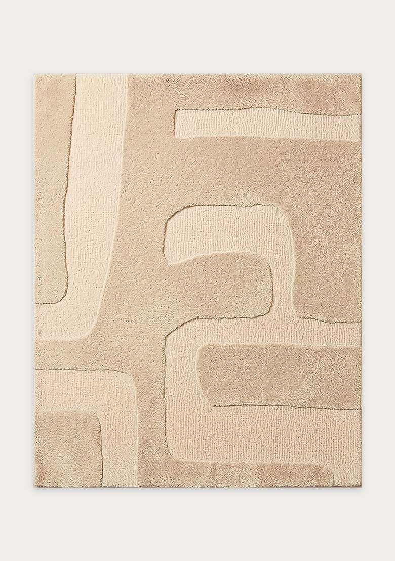 100% Wool Handmade Ivory Beige Rug | Mid Century Modern Geometric Square Carpet With Cotton Backing For Living Room - Indya
