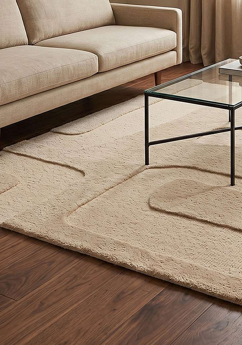 100% Wool Handmade Ivory Beige Rug | Mid Century Modern Geometric Square Carpet With Cotton Backing For Living Room - Indya