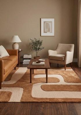 Saffron Rugs Hand-Tufted 100% Wool Area Rug | Camel Tan Square Rug | Cotton Backing | Mid-Century Modern Geometric Home Decor Carpet for Living Room Bedroom