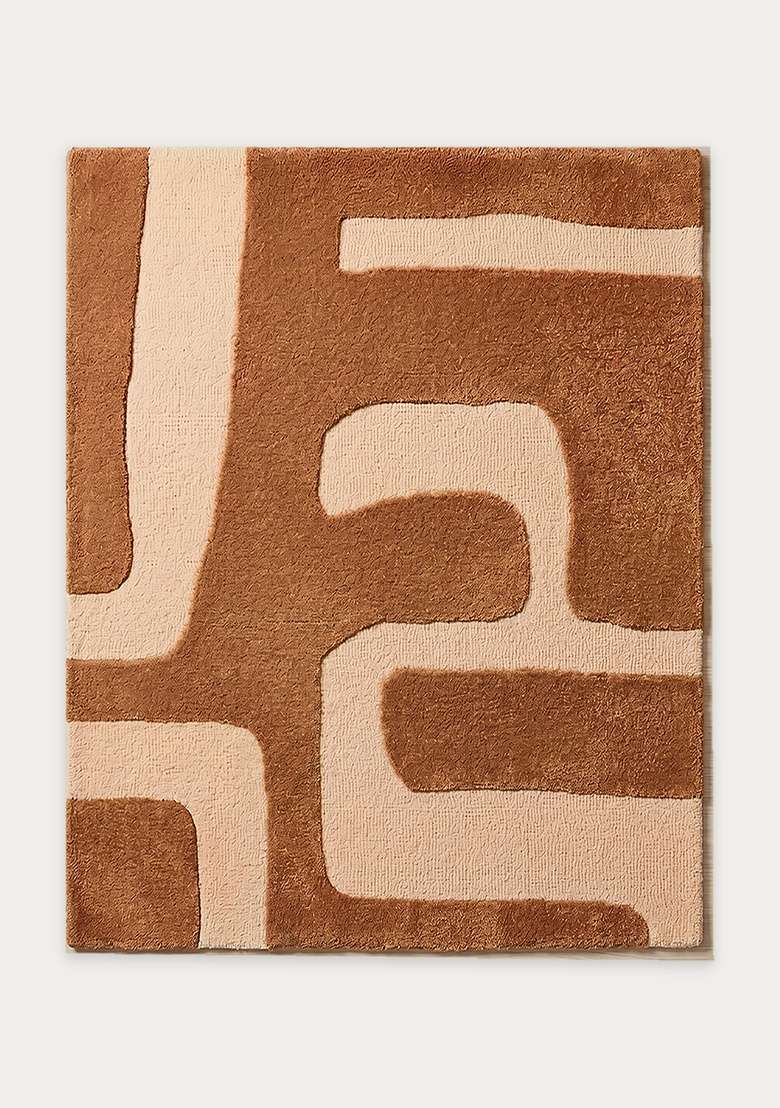 100% Wool Handmade Camel Tan Rug | Mid Century Modern Geometric Square Carpet With Cotton Backing For Living Room - Indya