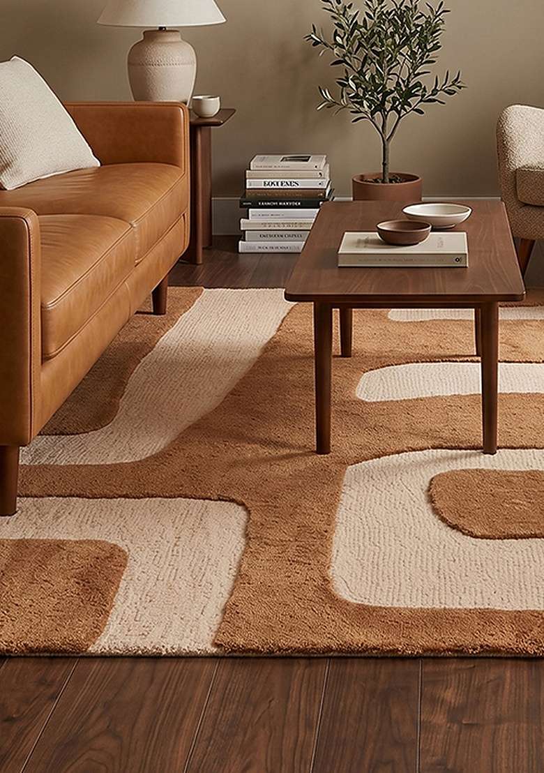 100% Wool Handmade Camel Tan Rug | Mid Century Modern Geometric Square Carpet With Cotton Backing For Living Room - Indya