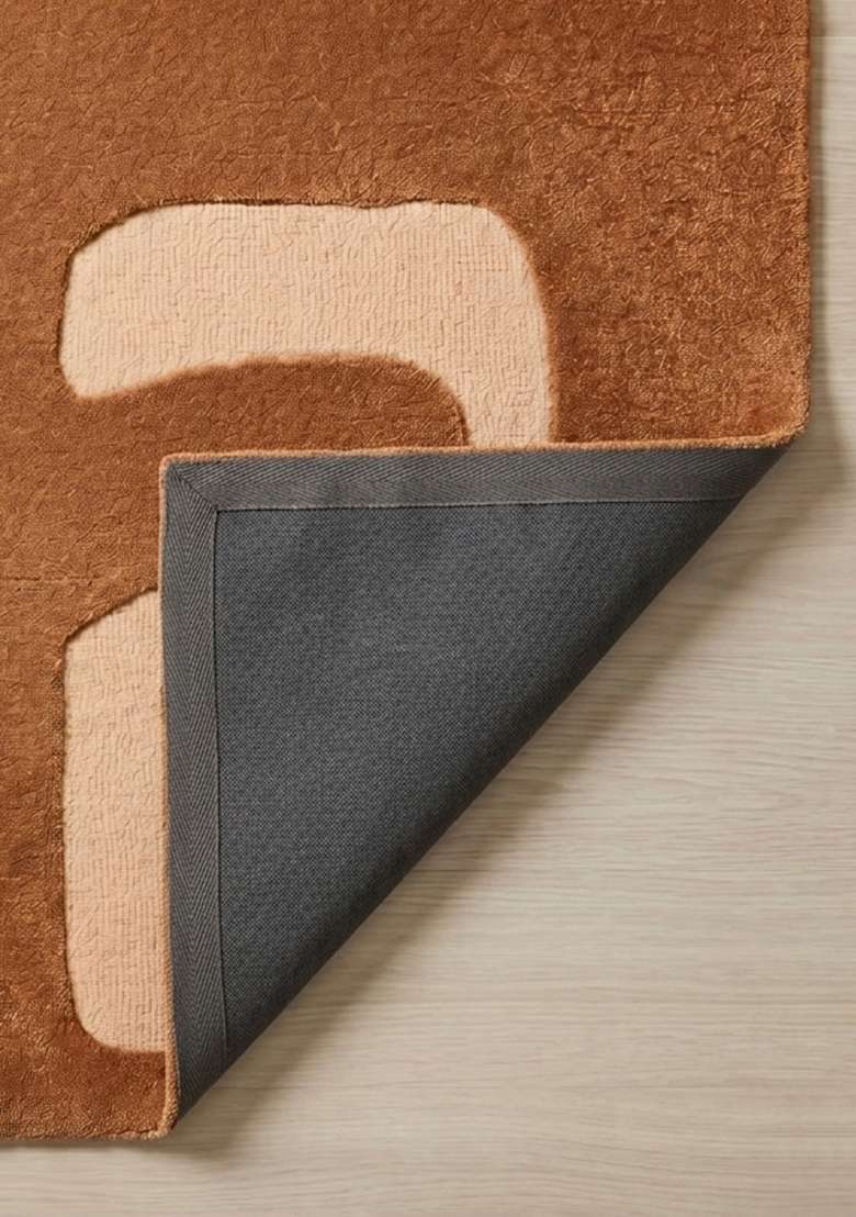 100% Wool Handmade Camel Tan Rug | Mid Century Modern Geometric Square Carpet With Cotton Backing For Living Room - Indya