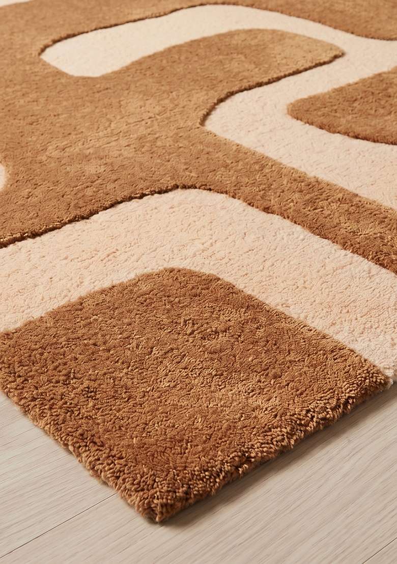 100% Wool Handmade Camel Tan Rug | Mid Century Modern Geometric Square Carpet With Cotton Backing For Living Room - Indya