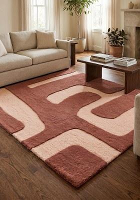 Saffron Rugs Hand-Tufted 100% Wool Area Rug | Burgundy Square Rug | Cotton Backing | Mid-Century Modern Geometric Home Decor Carpet for Living Room Bedroom