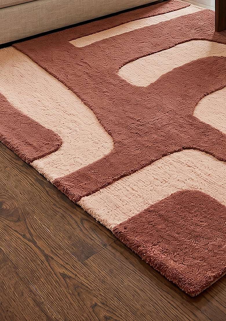 100% Wool Handmade Burgundy Rug | Mid Century Modern Geometric Square Carpet With Cotton Backing For Living Room - Indya