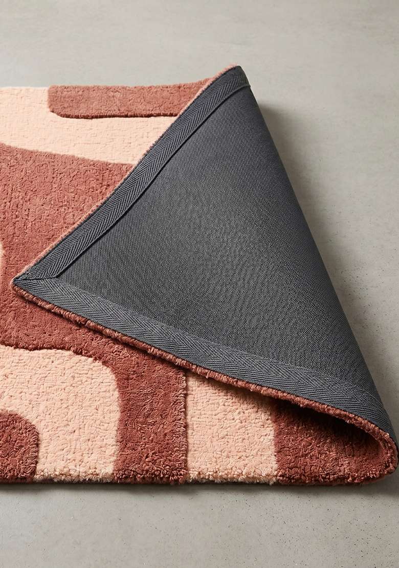 100% Wool Handmade Burgundy Rug | Mid Century Modern Geometric Square Carpet With Cotton Backing For Living Room - Indya