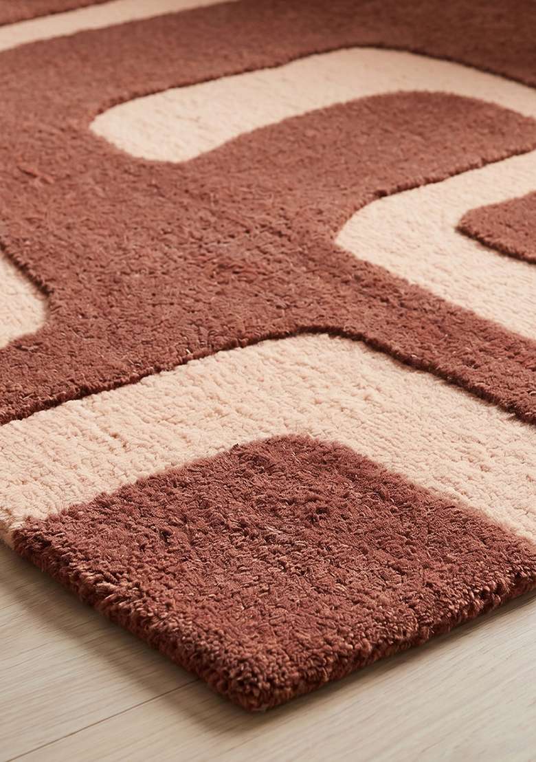 100% Wool Handmade Burgundy Rug | Mid Century Modern Geometric Square Carpet With Cotton Backing For Living Room - Indya