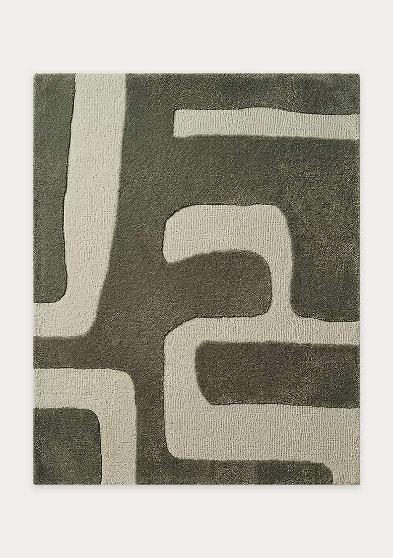 100% Wool Handmade Olive Green Rug | Mid Century Modern Geometric Square Carpet With Cotton Backing For Living Room - Indya