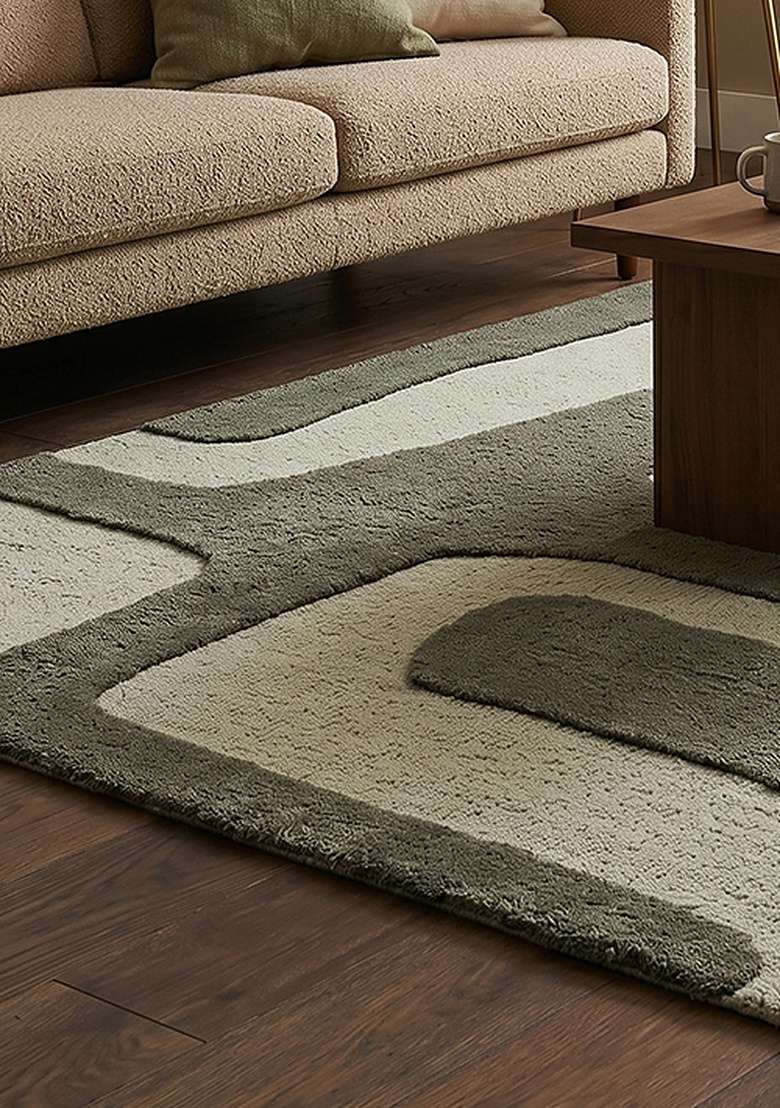 100% Wool Handmade Olive Green Rug | Mid Century Modern Geometric Square Carpet With Cotton Backing For Living Room - Indya