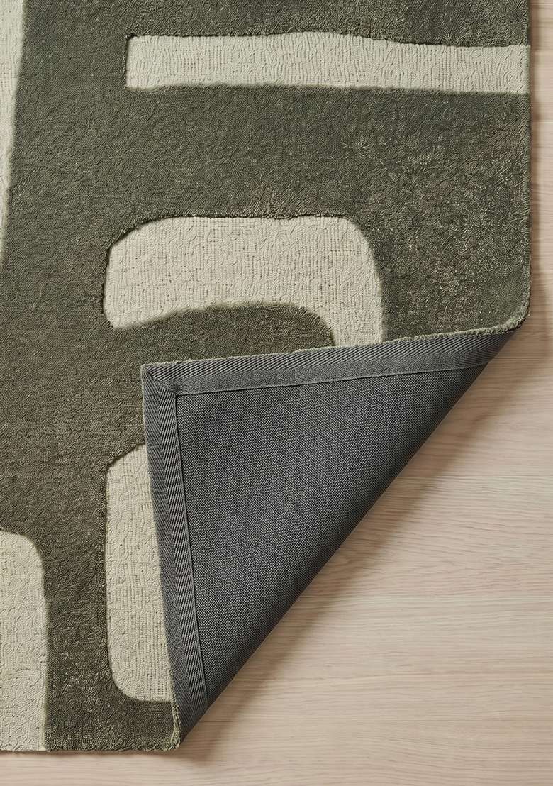 100% Wool Handmade Olive Green Rug | Mid Century Modern Geometric Square Carpet With Cotton Backing For Living Room - Indya