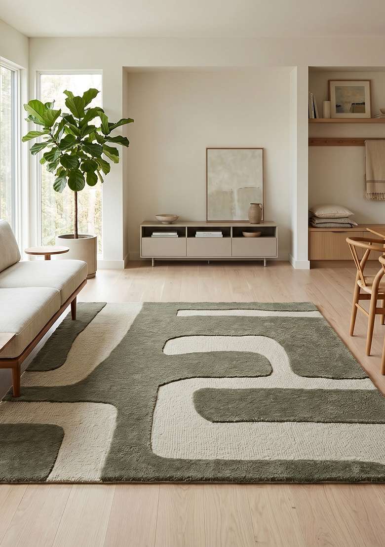 100% Wool Handmade Olive Green Rug | Mid Century Modern Geometric Square Carpet With Cotton Backing For Living Room - Indya