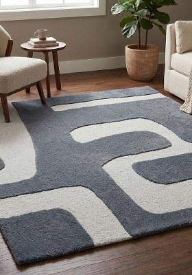 Saffron Rugs Hand-Tufted 100% Wool Area Rug | Slate Blue Square Rug | Cotton Backing | Mid-Century Modern Geometric Home Decor Carpet for Living Room Bedroom