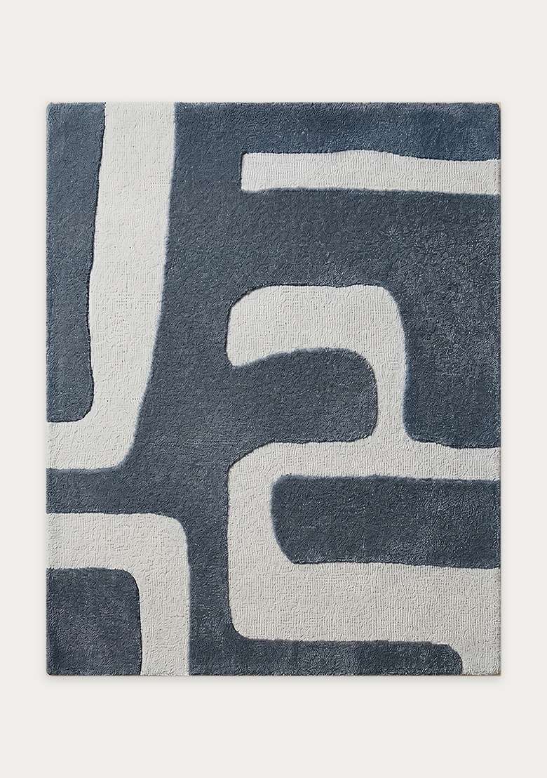 100% Wool Handmade Slate Blue Rug | Mid Century Modern Geometric Square Carpet With Cotton Backing For Living Room - Indya