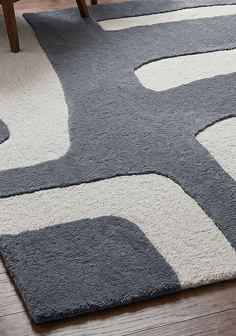 100% Wool Handmade Slate Blue Rug | Mid Century Modern Geometric Square Carpet With Cotton Backing For Living Room - Indya