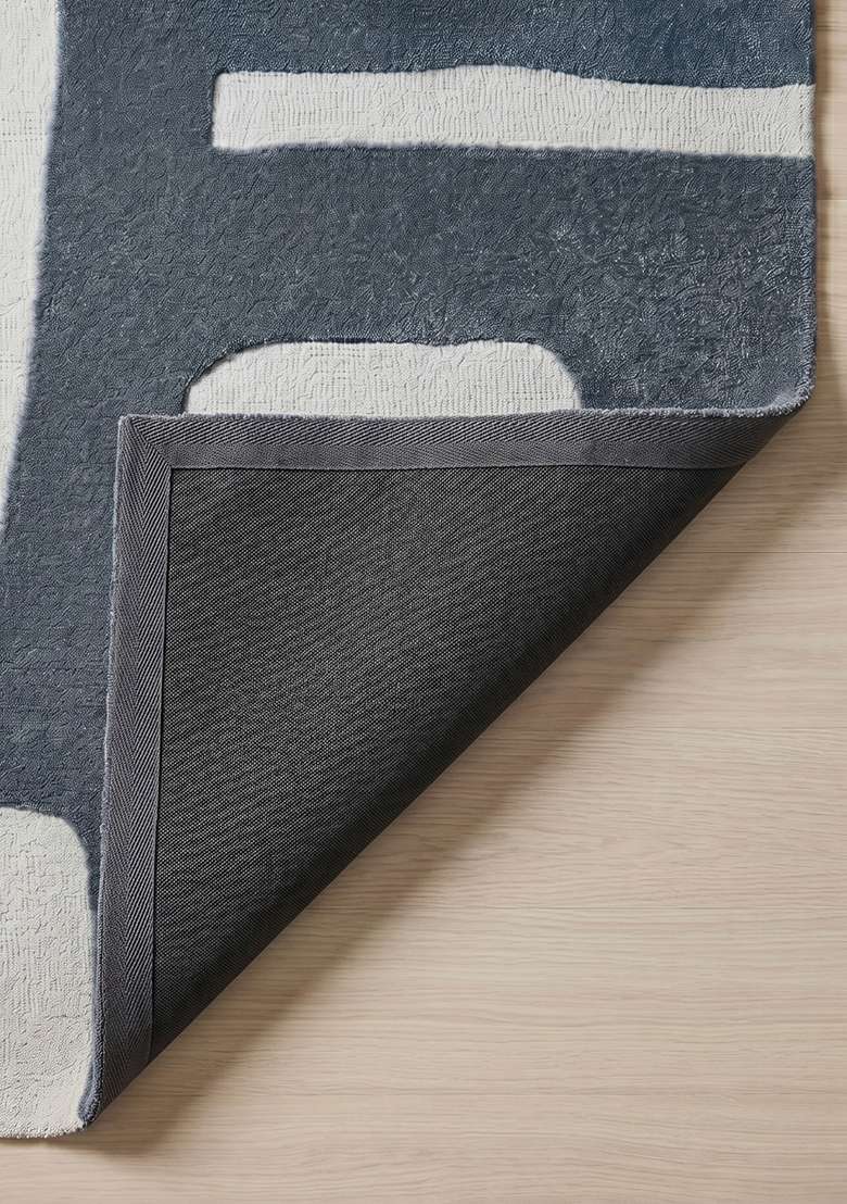 100% Wool Handmade Slate Blue Rug | Mid Century Modern Geometric Square Carpet With Cotton Backing For Living Room - Indya