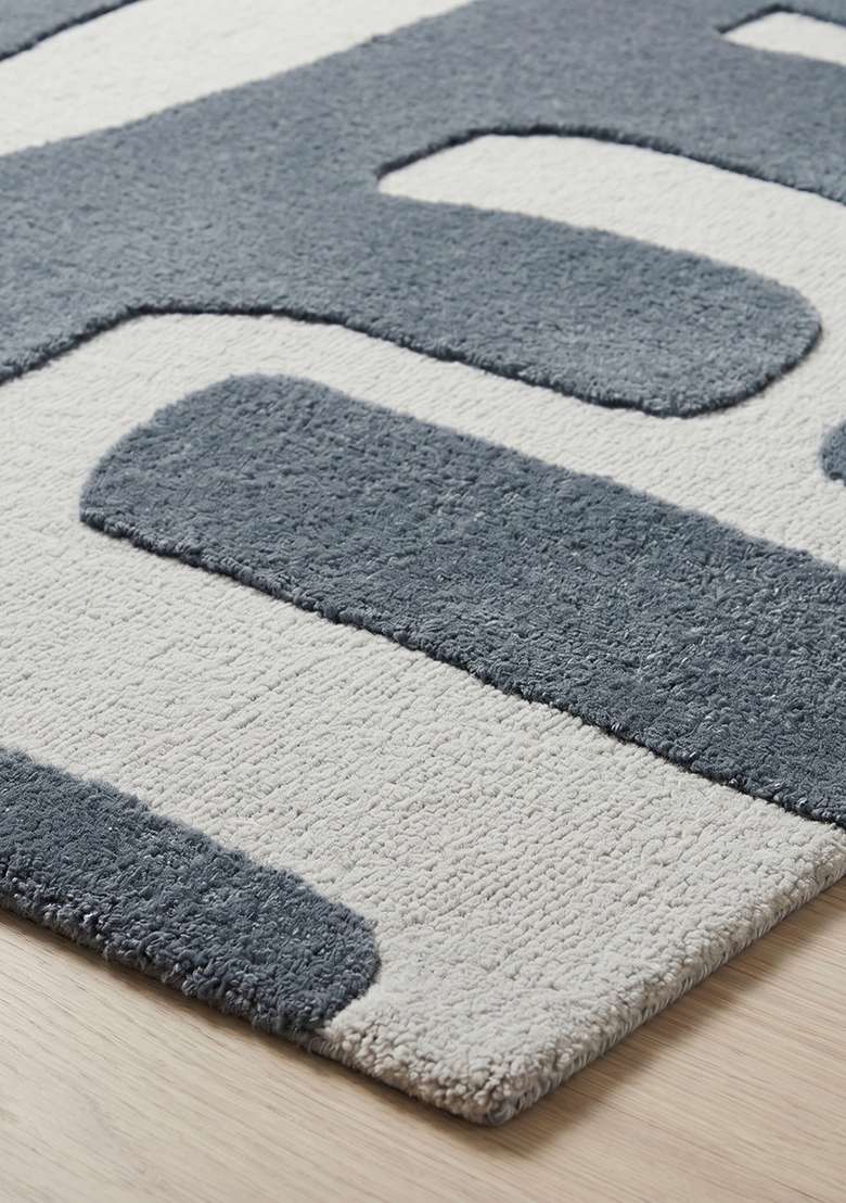 100% Wool Handmade Slate Blue Rug | Mid Century Modern Geometric Square Carpet With Cotton Backing For Living Room - Indya