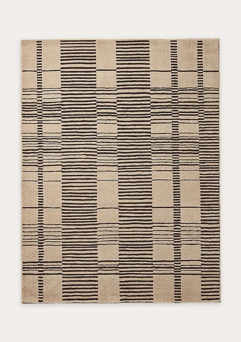 100% Wool Handmade Beige Rug | Contemporary Checkered Carpet With Cotton Backing For Living Room - Indya