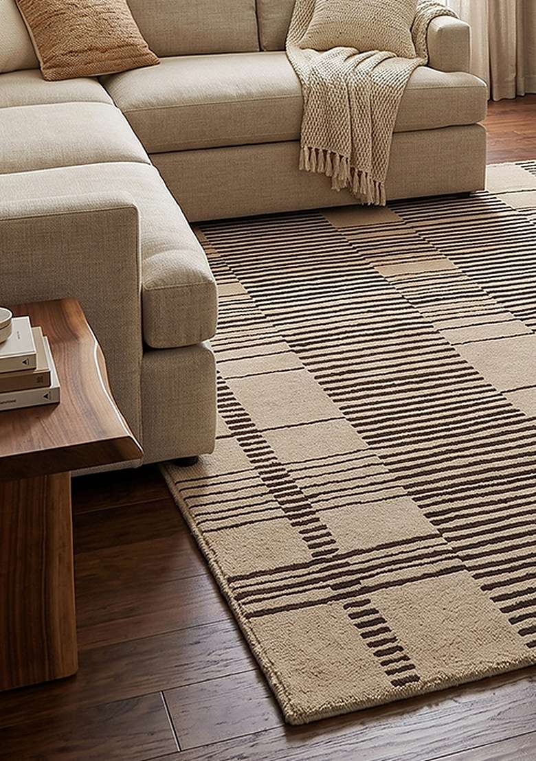 Saffron Rugs Hand-Tufted 100% Wool Area Rug | Beige Rectangular Rug | Cotton Backing | Contemporary Checkered Home Decor Carpet for Living Room Bedroom - Indya