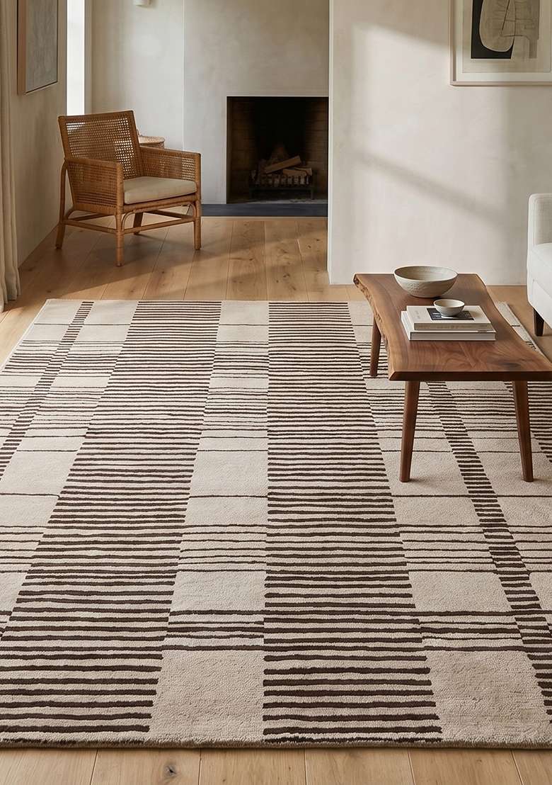 Saffron Rugs Hand-Tufted 100% Wool Area Rug | Beige Rectangular Rug | Cotton Backing | Contemporary Checkered Home Decor Carpet for Living Room Bedroom - Indya