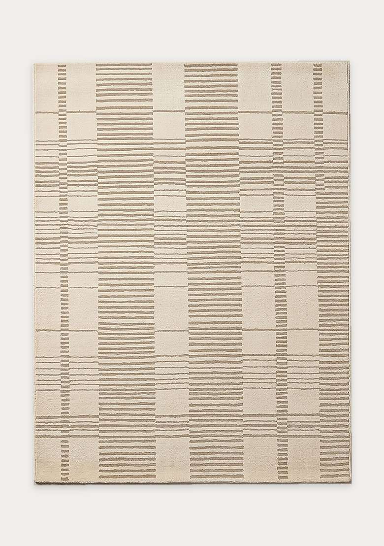 100% Wool Handmade Ivory Rug | Contemporary Checkered Carpet With Cotton Backing For Living Room - Indya