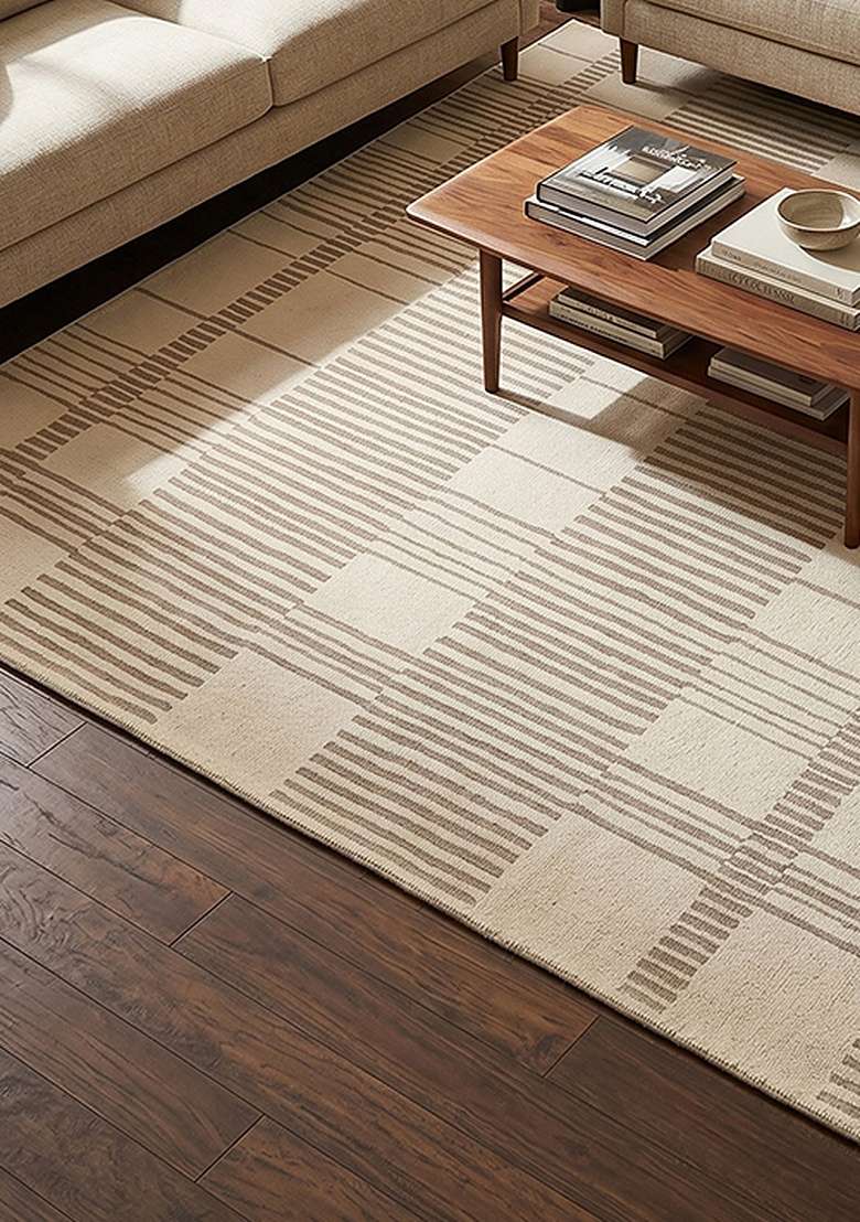 100% Wool Handmade Ivory Rug | Contemporary Checkered Carpet With Cotton Backing For Living Room - Indya