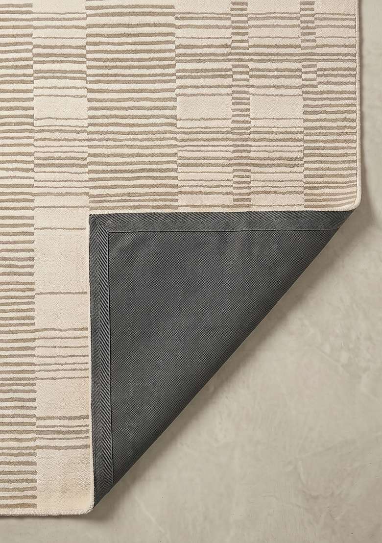 100% Wool Handmade Ivory Rug | Contemporary Checkered Carpet With Cotton Backing For Living Room - Indya