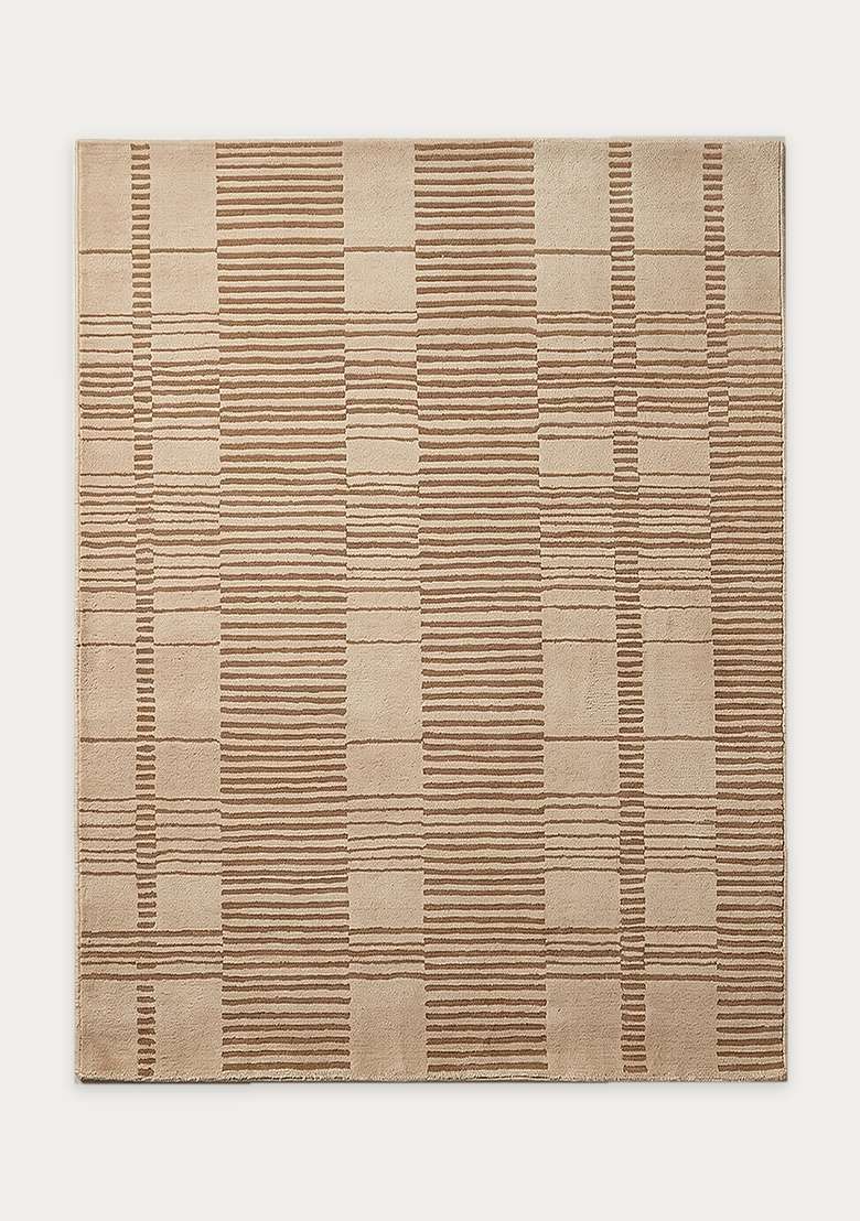 100% Wool Handmade Camel Tan Rug | Contemporary Checkered Carpet With Cotton Backing For Living Room - Indya