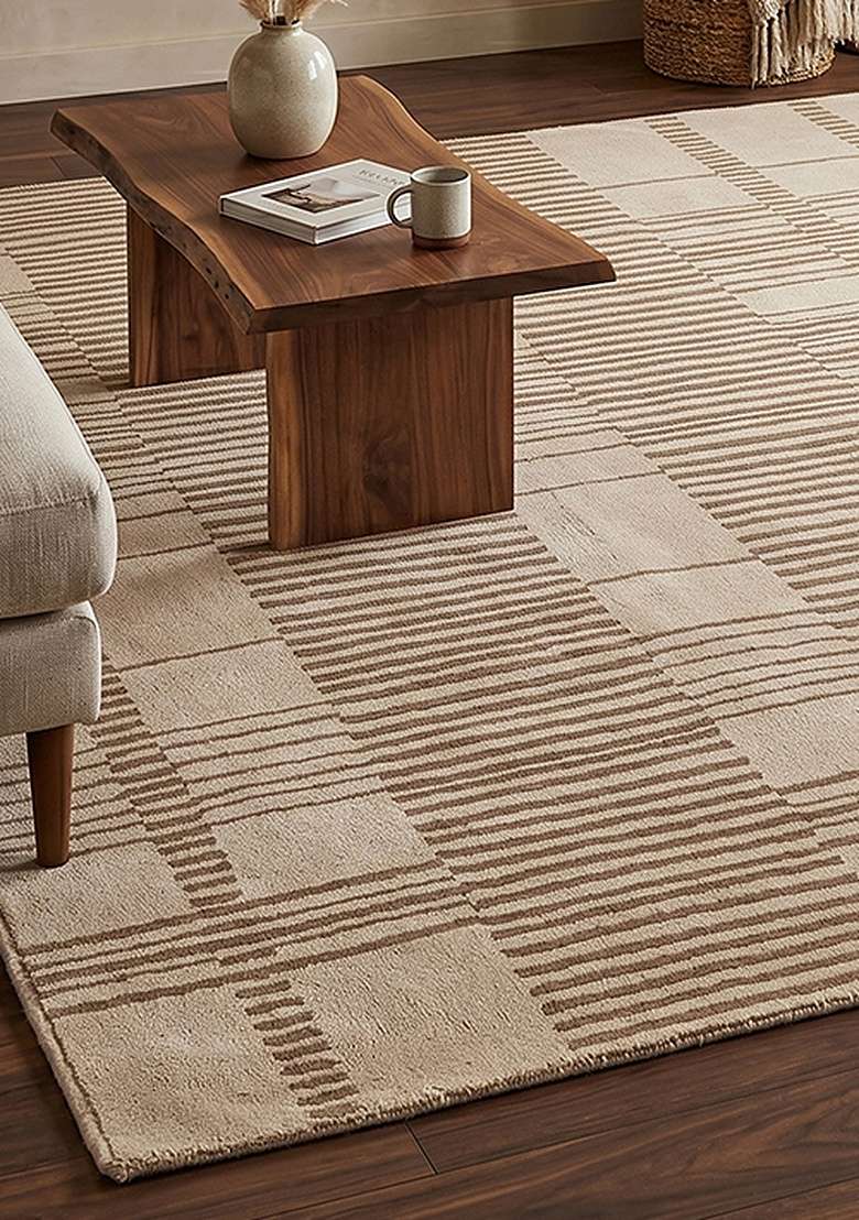 100% Wool Handmade Camel Tan Rug | Contemporary Checkered Carpet With Cotton Backing For Living Room - Indya