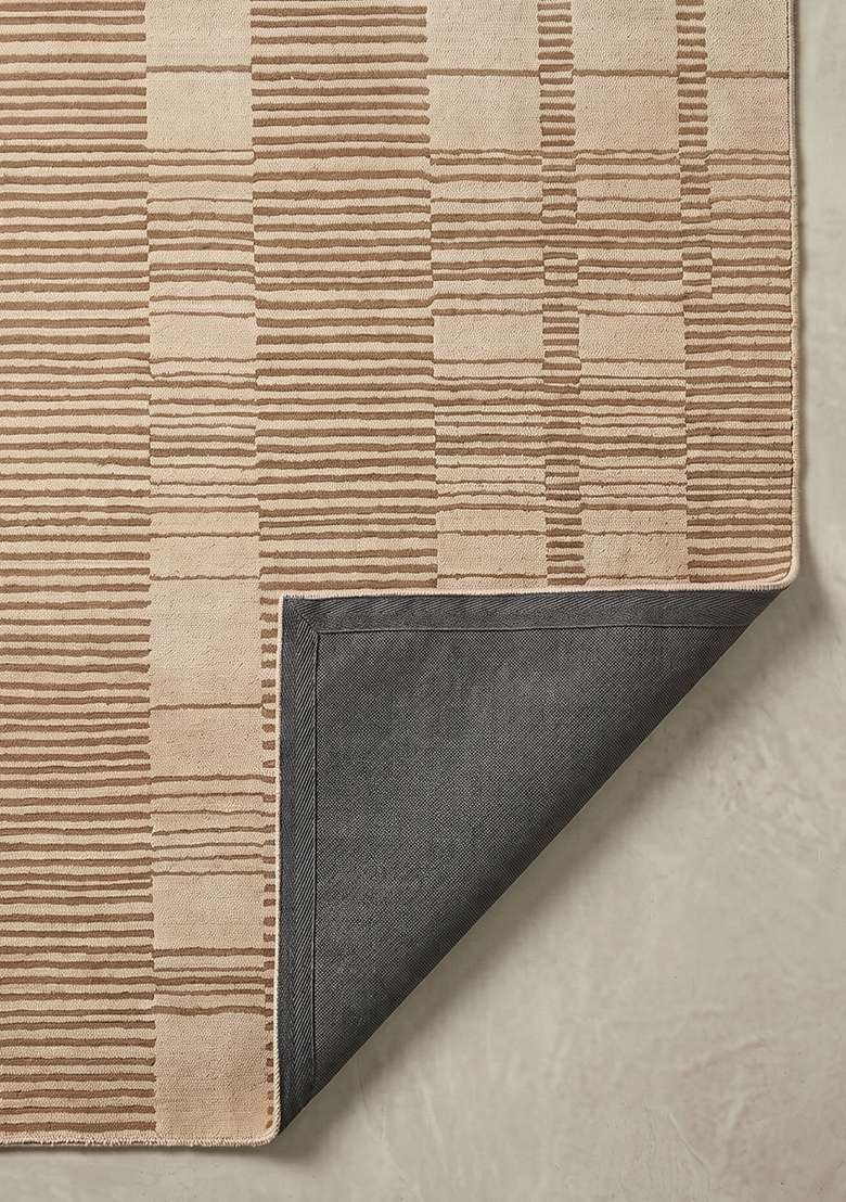 100% Wool Handmade Camel Tan Rug | Contemporary Checkered Carpet With Cotton Backing For Living Room - Indya