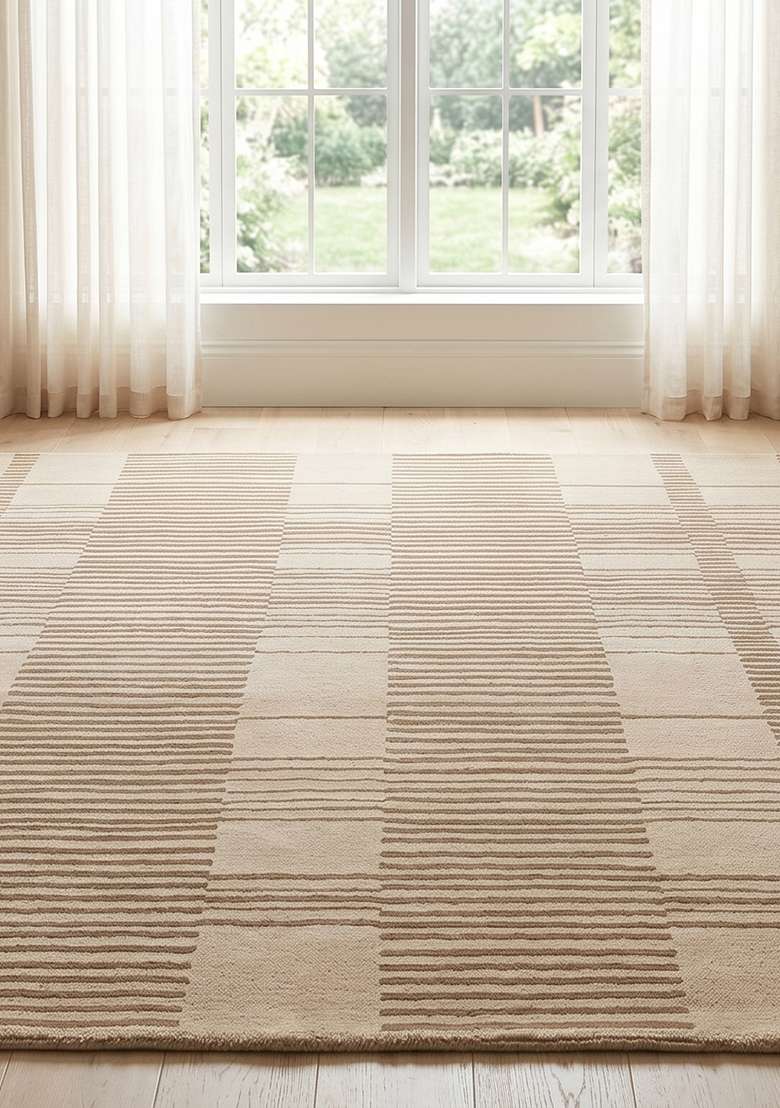 100% Wool Handmade Camel Tan Rug | Contemporary Checkered Carpet With Cotton Backing For Living Room - Indya