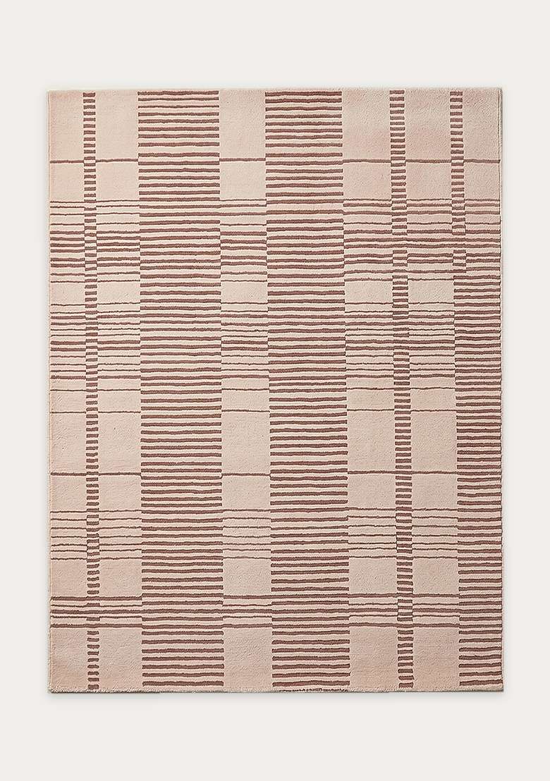 100% Wool Handmade Blush Pink Rug | Contemporary Checkered Carpet With Cotton Backing For Living Room - Indya