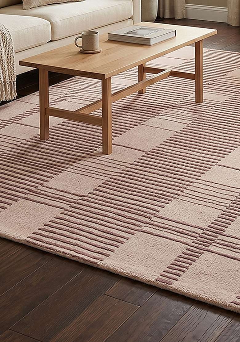 100% Wool Handmade Blush Pink Rug | Contemporary Checkered Carpet With Cotton Backing For Living Room - Indya