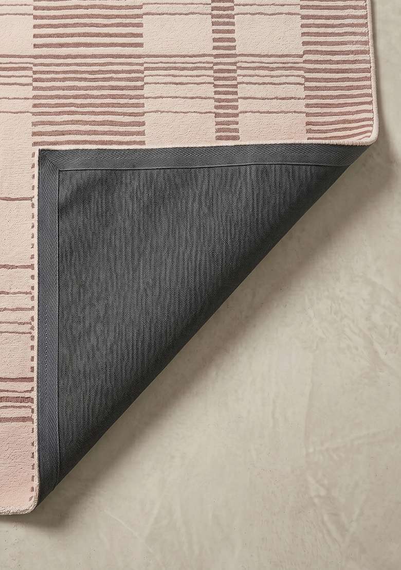100% Wool Handmade Blush Pink Rug | Contemporary Checkered Carpet With Cotton Backing For Living Room - Indya