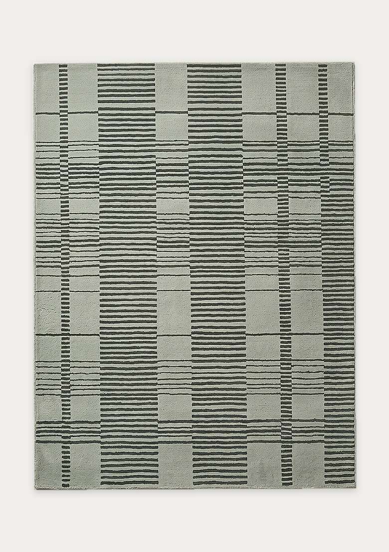 100% Wool Handmade Sage Green Rug | Contemporary Checkered Carpet With Cotton Backing For Living Room - Indya
