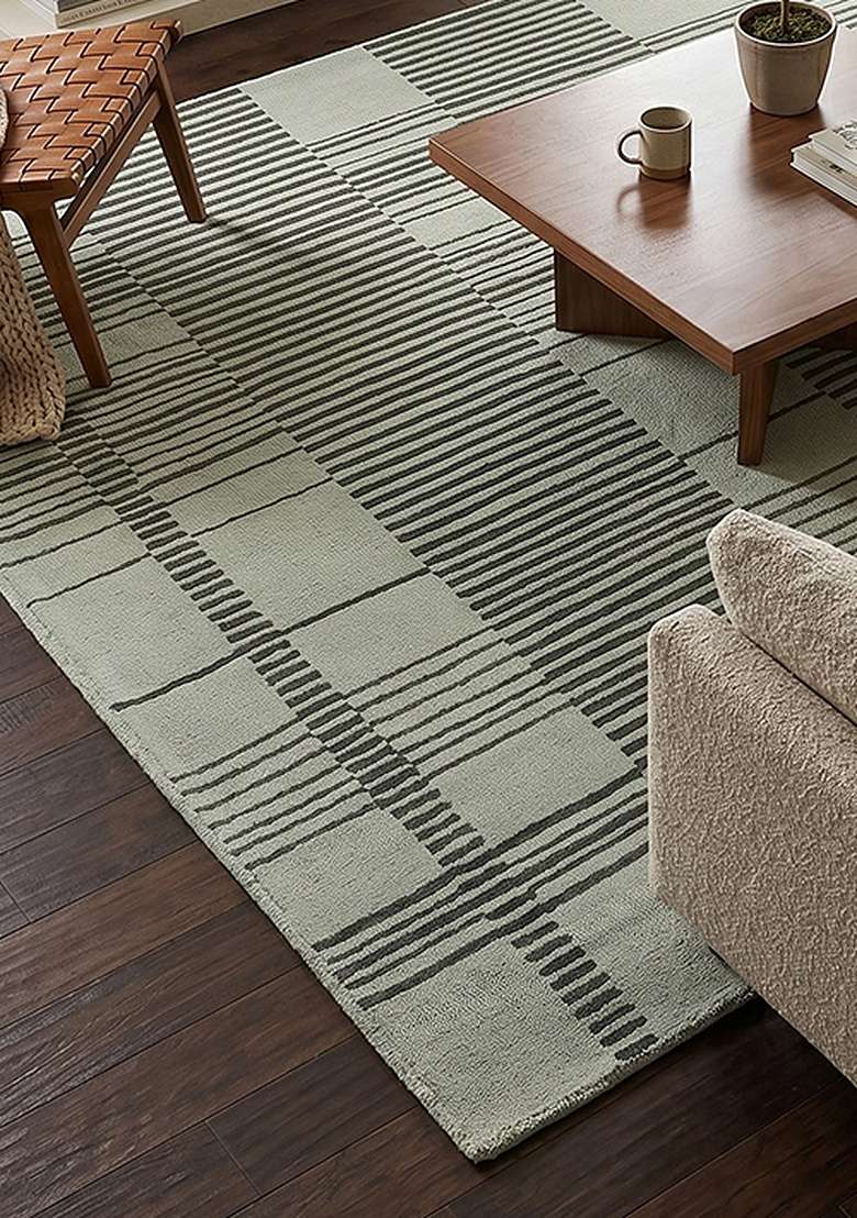 100% Wool Handmade Sage Green Rug | Contemporary Checkered Carpet With Cotton Backing For Living Room - Indya