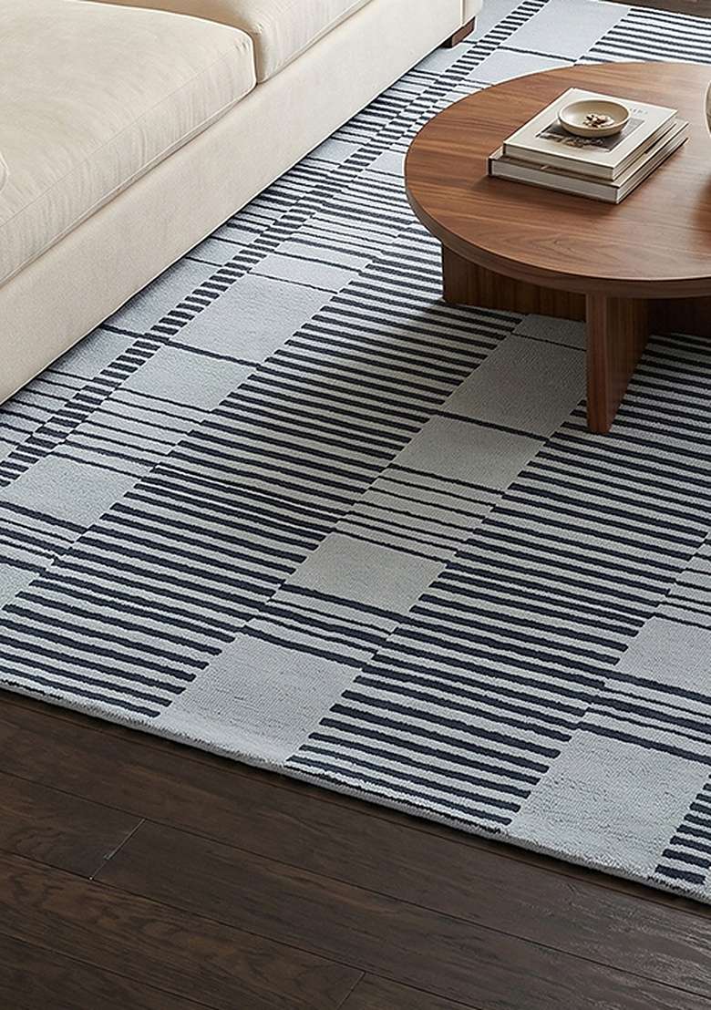 100% Wool Handmade Slate Blue Rug | Contemporary Checkered Carpet With Cotton Backing For Living Room - Indya