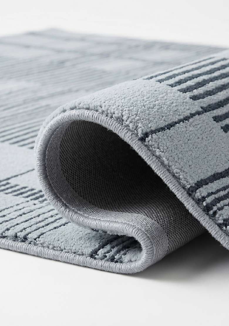 100% Wool Handmade Slate Blue Rug | Contemporary Checkered Carpet With Cotton Backing For Living Room - Indya