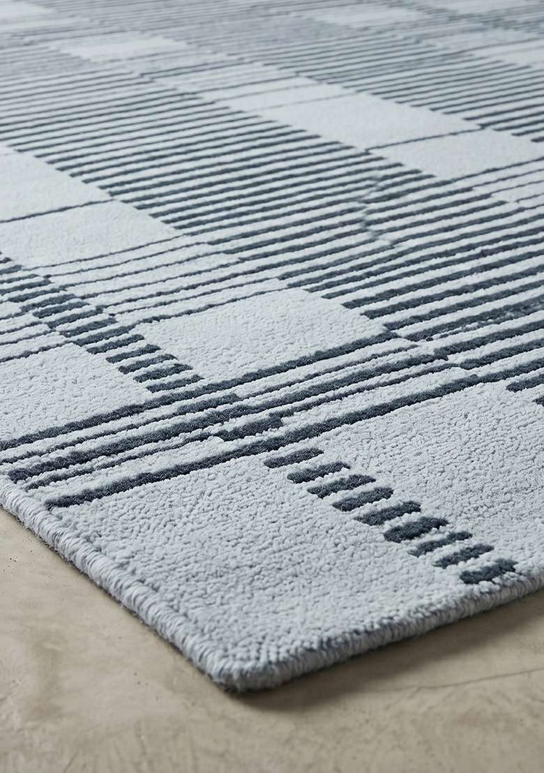 100% Wool Handmade Slate Blue Rug | Contemporary Checkered Carpet With Cotton Backing For Living Room - Indya