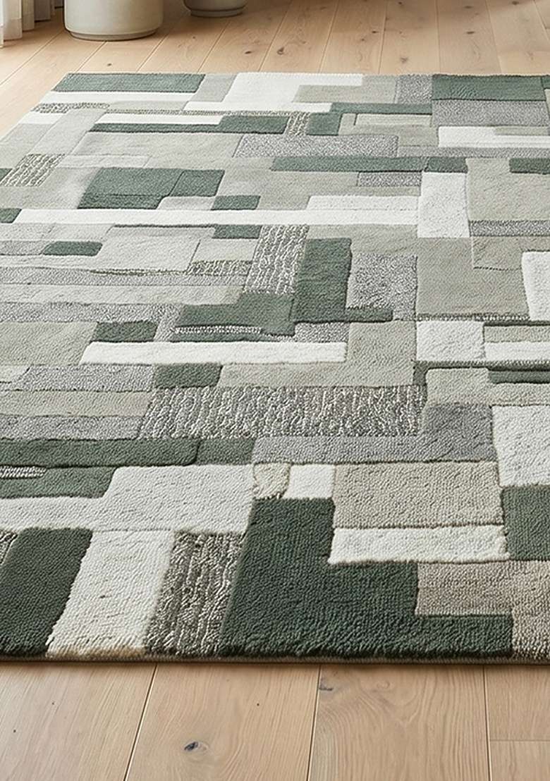 Saffron Rugs Hand-Tufted 100% Wool Area Rug | Sage Green Square Rug | Cotton Backing | Contemporary Geometric Home Decor Carpet for Living Room Bedroom - Indya