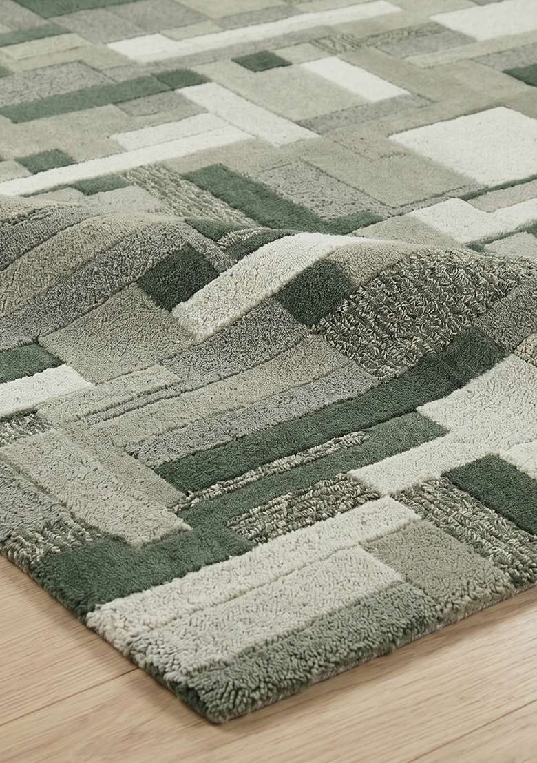 Saffron Rugs Hand-Tufted 100% Wool Area Rug | Sage Green Square Rug | Cotton Backing | Contemporary Geometric Home Decor Carpet for Living Room Bedroom - Indya