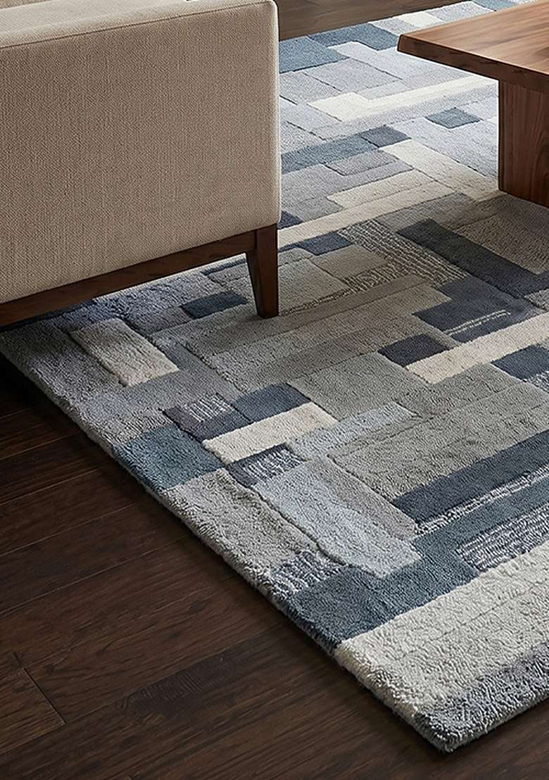Saffron Rugs Hand-Tufted 100% Wool Area Rug | Slate Blue Square Rug | Cotton Backing | Contemporary Geometric Home Decor Carpet for Living Room Bedroom - Indya