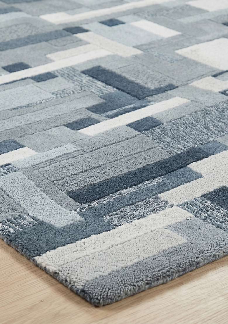 Saffron Rugs Hand-Tufted 100% Wool Area Rug | Slate Blue Square Rug | Cotton Backing | Contemporary Geometric Home Decor Carpet for Living Room Bedroom - Indya