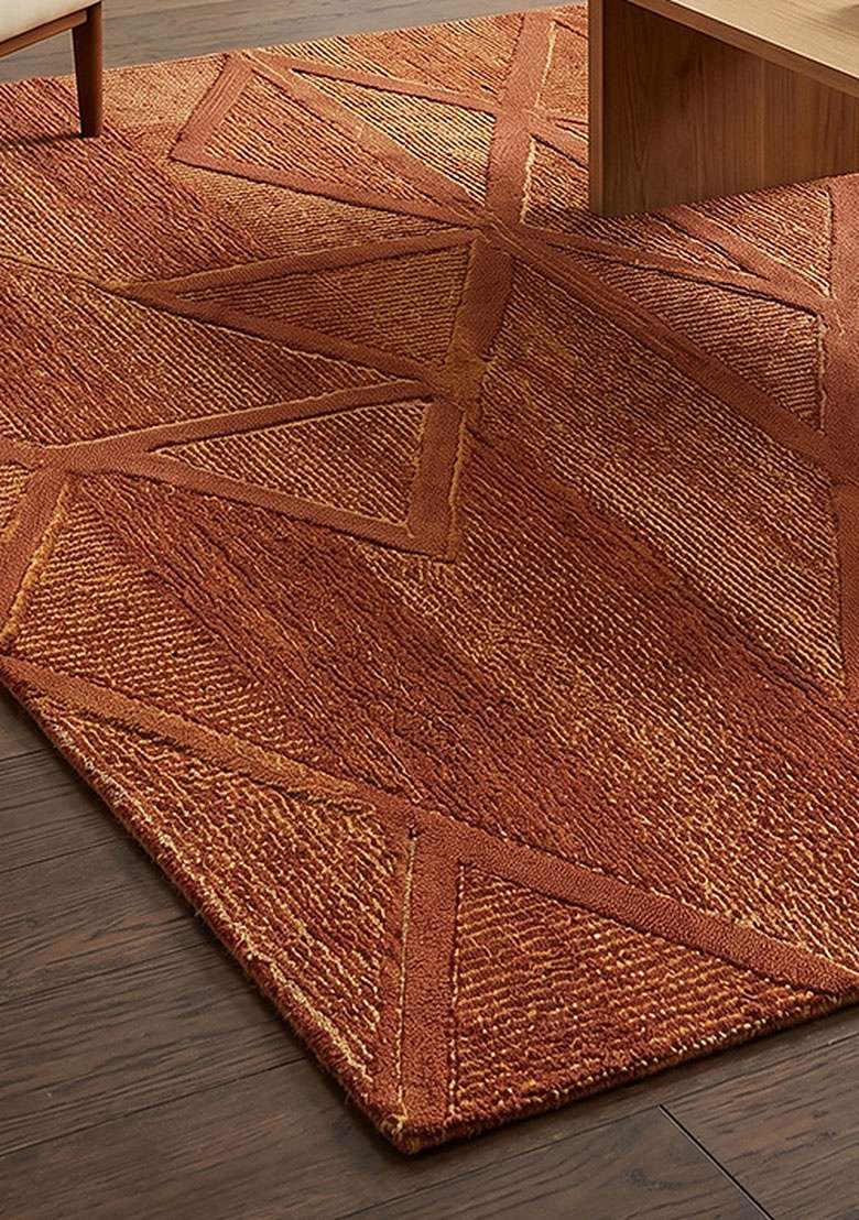 Saffron Rugs Hand-Tufted 100% Wool Area Rug | Rust Orange Square Rug | Cotton Backing | Contemporary Geometric Home Decor Carpet for Living Room Bedroom - Indya