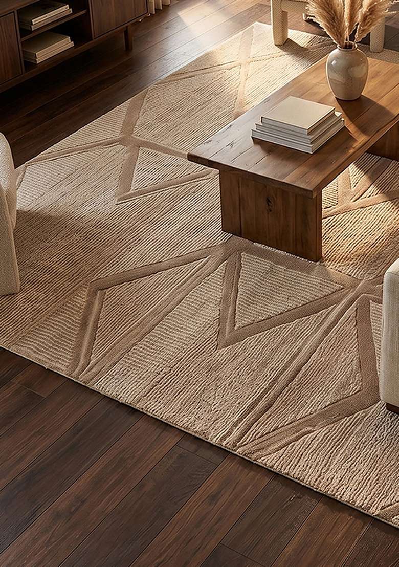 Saffron Rugs Hand-Tufted 100% Wool Area Rug | Beige Square Rug | Cotton Backing | Contemporary Geometric Home Decor Carpet for Living Room Bedroom - Indya
