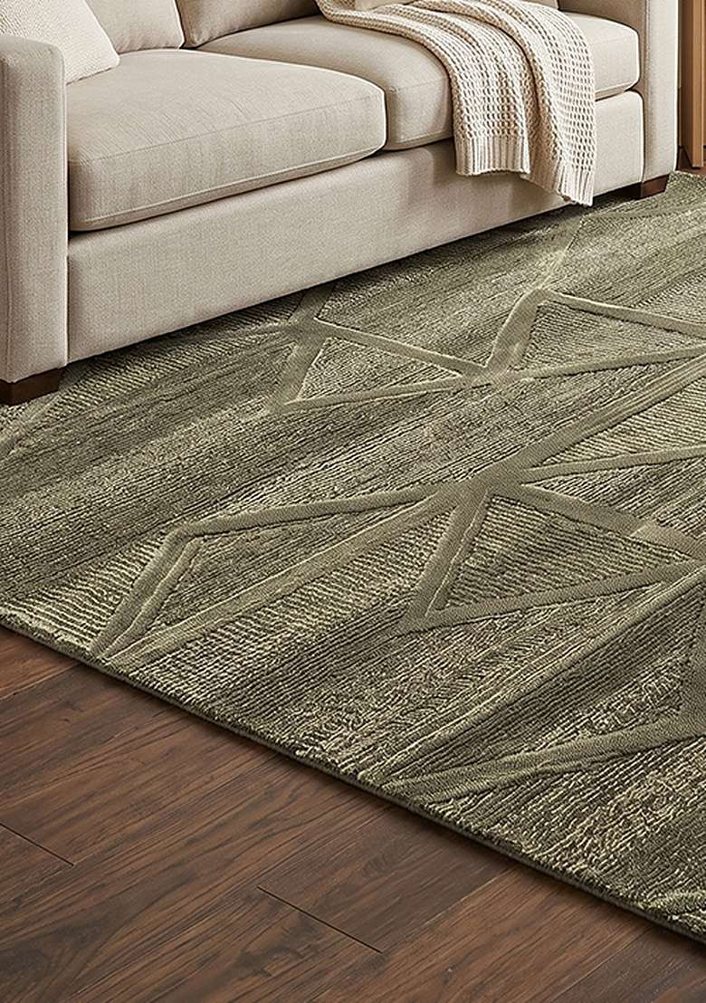 Saffron Rugs Hand-Tufted 100% Wool Area Rug | Sage Green Square Rug | Cotton Backing | Contemporary Geometric Home Decor Carpet for Living Room Bedroom - Indya
