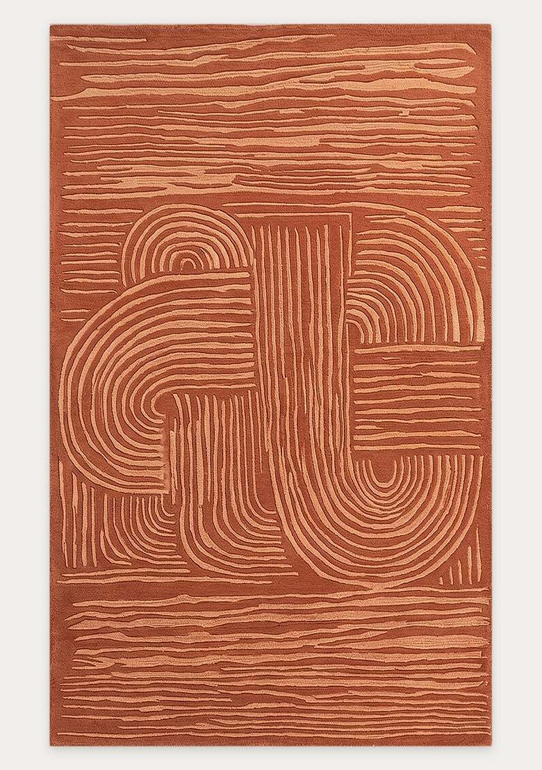 100% Wool Handmade Rust Orange Rug | Mid Century Modern Swirls Carpet With Cotton Backing For Living Room - Indya